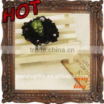 Green Glittered Skull Adjustable Ring With Feather for Masquade Party