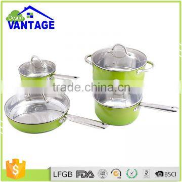 Modern design green color 8pcs kitchenware stainless steel cookware set with casserole and saucepan