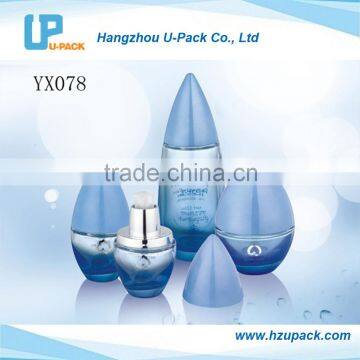 Water-drop shape blue glass bottle and jar series for cosmetic cream packaging