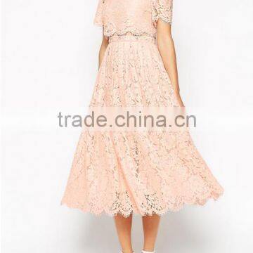 China Guangzhou clothing OEM Scalloped edges Round neckline Crop top Mesh insert Midi women dress