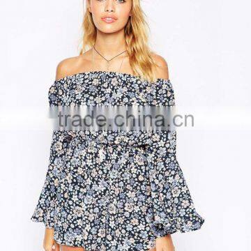 2015 Fashionable Hot Sale OEM Customized Off Shoulder Romper With Flutter Sleeves in Pretty Floral Print photo-2