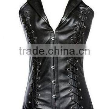 Fashionable Lapel Lace-Up Faux Leather Solid Color Women's Corset photo-2
