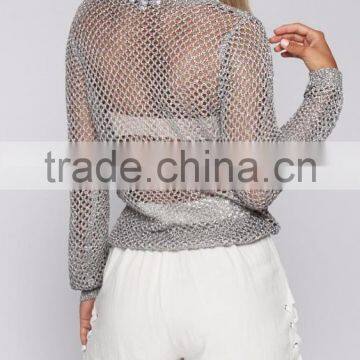 Long Sleeve Metallic Shiny Fancy Tops Summer Sexy Lady Tops photo-4