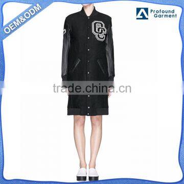 wholesale women custom black long varsity jacket with leather sleeves