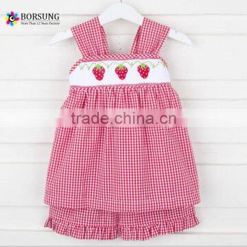 Summer Hot Sale baby clothes set red plaid smocked Dress with shorts kids clothing