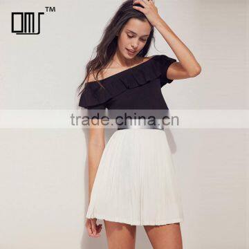 Latest pleated short skirt and off shoulder ruffle crop top set