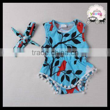 2016 yawoo tree and birds patterns sleeveless pom pom clothes baby romper set