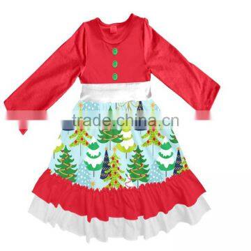 CH00298YIWU BOYA Cotton milk silk ruffle dress kids clothes color trees prints wearing boutique dresses