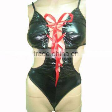 Art Design Lingerie Seamless Long Sleeveless Open Crotch With Red Ribbon Black PU Lady Women Leather Sexy Bodystocking