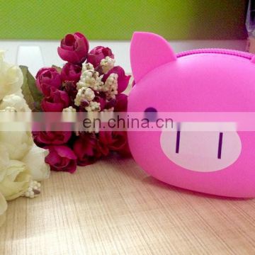 Popular zipper PINK PIG design rubber silicone cion wallet key purse headset package for kids'gift children gift