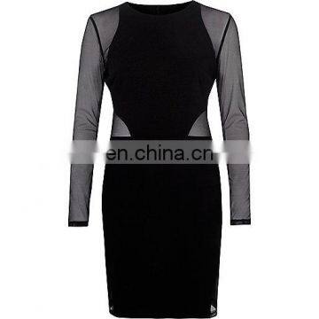 Black Mesh Bodycon Mini Dress, Mesh Sleeves And Inserts Detail, Sexy Club Dress