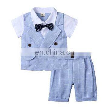 Summer Boys' suit children's Plaid short sleeve children clothing two piece bow set boy set