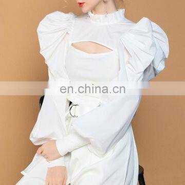 TWOTWINSTYLE Patchwork Hollow Out Shirt For Women Stand Collar Puff Sleeve Casual Black photo-5