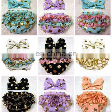 Girls Gold Polka Dot Shorts Baby Bloomers + Headbands 2pc Set Children Ruffled Shorts Kids Cotton Underwear Girls Boutique Short photo-2