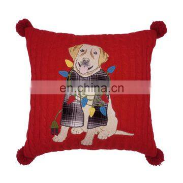 wholesale decorative knit embroidery dog LED string applique scarf big pompom seasonal cushion throw pillow cover for christmas