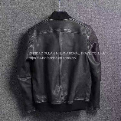 HOT SALE 2021 NEW FASHION MEN'S WASHED BASEBALL GENUINE SHEEPSKIN LEATHER JACKET photo-2