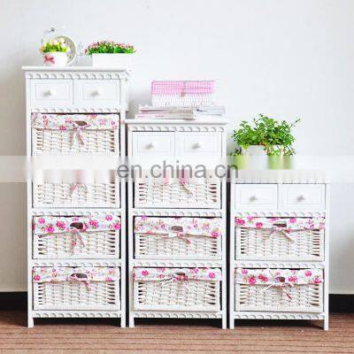 white home funiture solid wood storage cabinet with wicker drawers willow basket