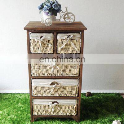 roast color solid wood storage cabinet with wickerwork basket