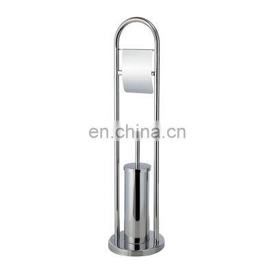 Silver stainless steel round design standing toilet brush rack and  toilet tissue holder