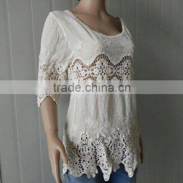 Women Tops Hot Embroidery Cotton Lace Fabric for Half Sleeve Cotton Vest photo-6