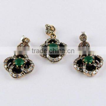 Stylish Precious Green Onyx & White CZ Jewellery Set, 925 Sterling Silver Jewellery, Handmade Silver Jewellery photo-2