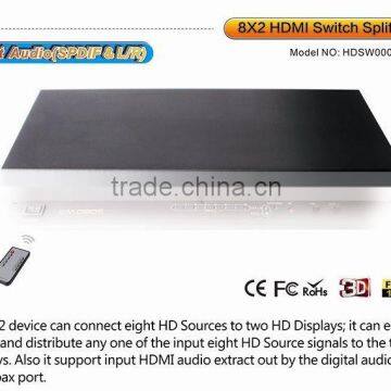 8x2 hdmi switch splitter with RS232 , IR and digital audio output