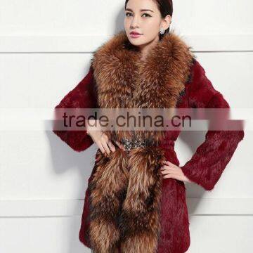 Women's Real Rabbit Fur Coat with Super Big Raccoon Fur Collar