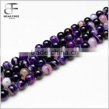 Gorgeous Natural Purple Stripe Banded Agate Gemstone Round Loose Beads Strand for Jewelry Making