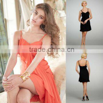 Custom Made Wholesale Spaghetti Strap A-line Chiffon Cascading Ruffles Short Bridesmaid Dress 5323