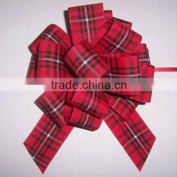 HOT SALE Red/ Green Tartan / Checked Fabric Woven Ribbon Pom Pom Pull Bow