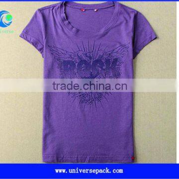 Customized round neck ladies printed t-shirt for factory bulk productions