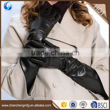 Fashion nude lady wool lined long black sheepskin leather gloves