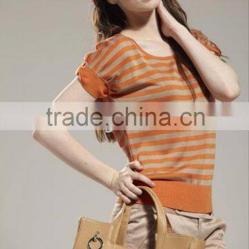 ladies' scoop neck short sleeve all-over stripes pullover knitted sweater