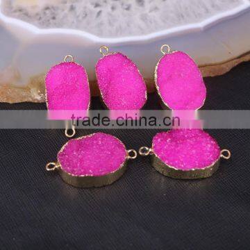 Rose Red Druzy Quartz Stone Connector Beads, Gold plated Crystal Drusy Gemstone Beads For Jewelry Making