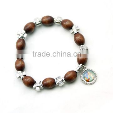 Chinese cherry wood bracelet with alloy cross,catholic bracelet with small religious medals