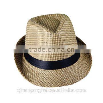 Brown Straw Panama Fedora Hat With Balck Ribbon Band