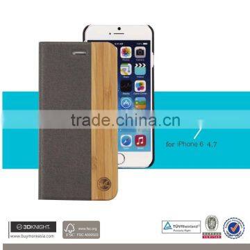 Fashion Mobile Accessories Laser Engraving Wood Bamboo Leather Flip Case for IPhone 6, Wooden Flip Stand Phone Cover for IPhone