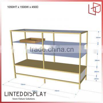 Store wall showcase design with glass shelf display rack for shopping mall