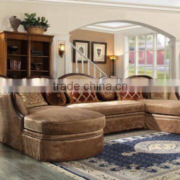 European Classic Wooden Frame With Velvet Fabric Corner Sofa/Brown Color Antique Living Room Sofa Furniture (MOQ=1 Set)