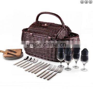 Dark Stained Hand Woven Willow Picnic Basket for Wine