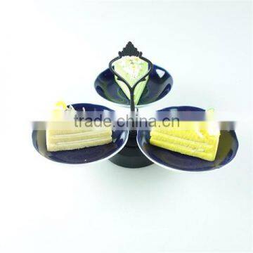 cheap 3pcs bule ceramic plate with metal stand in stock