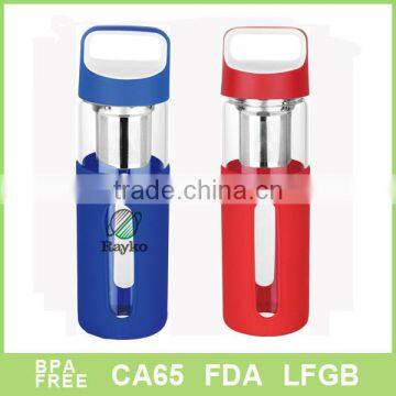 Blue & red sleeve Borosilicate Glass Water Bottle Sports Bottle 500ml with tea infuser