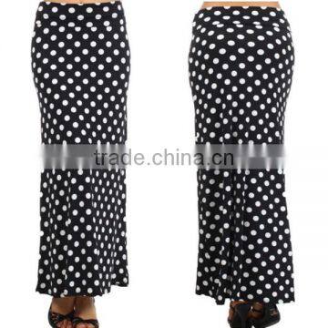 MOST POPULAR WHOLESALE CHEAP BULK LONG SKIRTS HIGH WAIST STRETCH JERSEY KNIT FLARED BLACK AND WHITE POLKA DOT MAXI SKIRTS