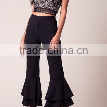 Hot Selling Women Banded Waist Flared Trousers Ruffle Accents Pants