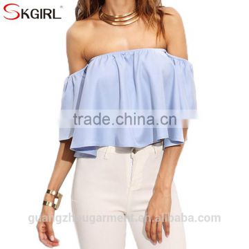 White blue loose off shoulder crop tops and blouses for women summer latest fashion new design