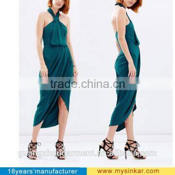 Customized women halter neck backless knot draped midi dress evening grown