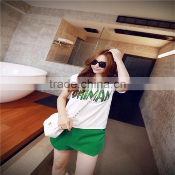 Beaded Round Neck Short Sleeve Casual Women Cotton T-shirt back with zipper