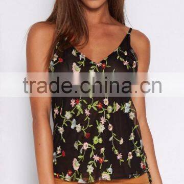 new floral design allover embroidery fancy tops woman summer sleeveless sexy tops