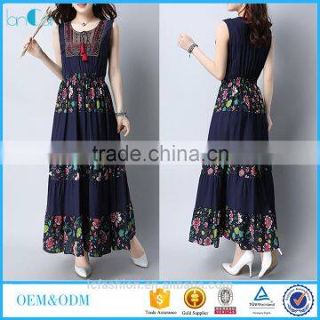 2017 latest fashion splicing round collar embroidered long dress