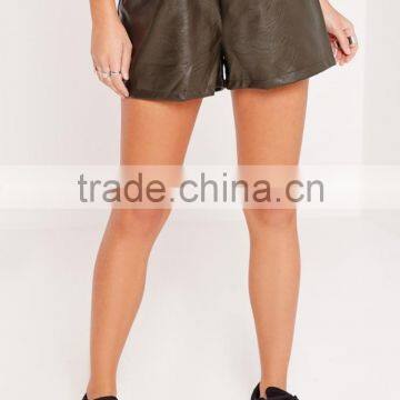 Custom Ladies Khaki Elasticated Waist Faux Leather Shorts photo-4